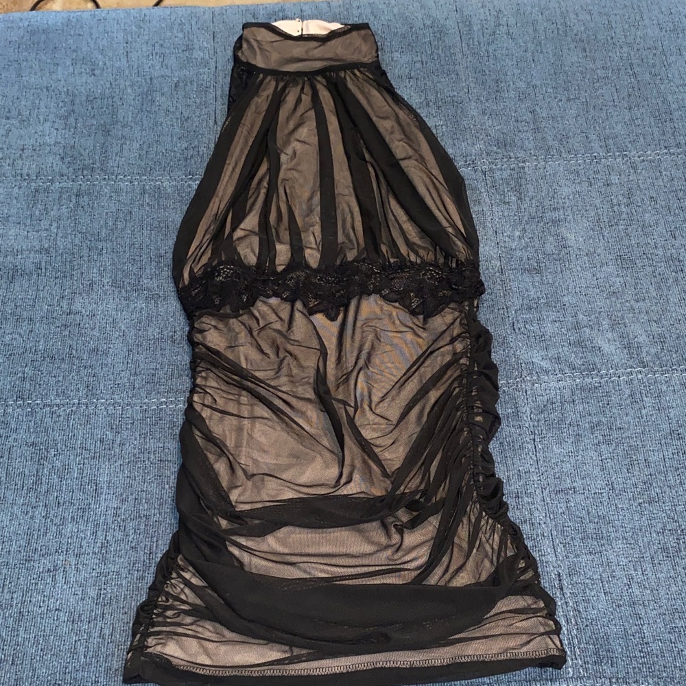 VENUS Black Sheer Backless Halter Dress with Lace Waistband